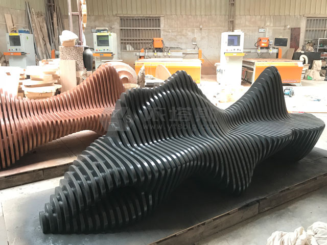 大型多人位木質切片長椅創(chuàng)意商場公共休息藝術切片椅