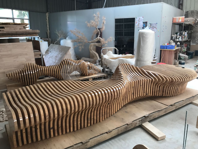 大型多人位木質切片長椅創(chuàng)意商場公共休息藝術切片椅