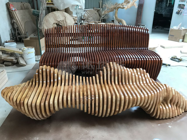 大型多人位木質切片長椅創(chuàng)意商場公共休息藝術切片椅