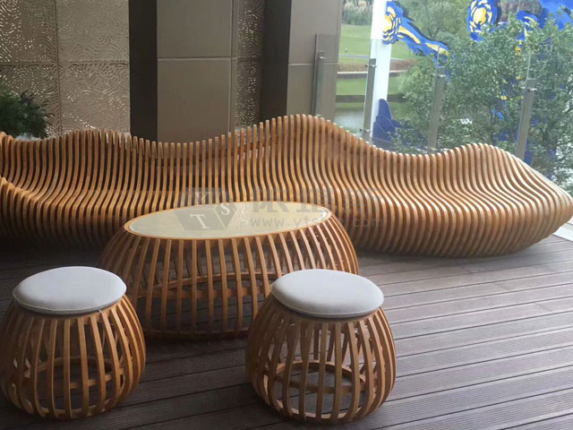 大型多人位木質切片長椅創(chuàng)意商場公共休息藝術切片椅